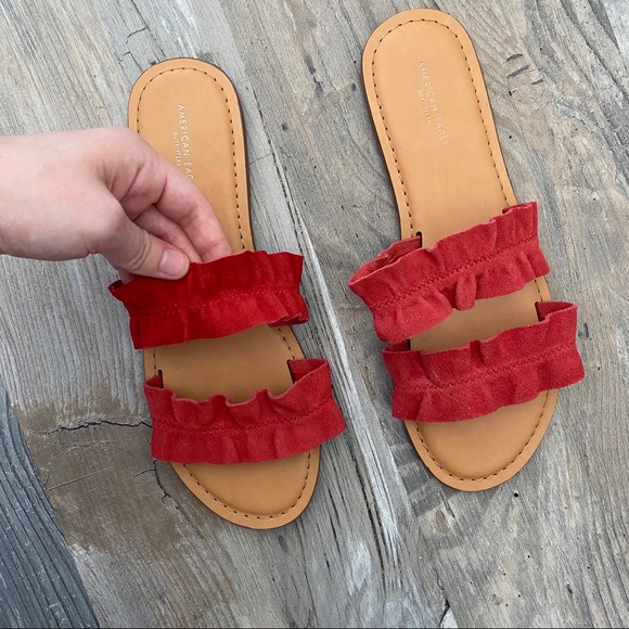 American Eagle Flat Sandals Red Suede two Straps 8 - Picture 1 of 5